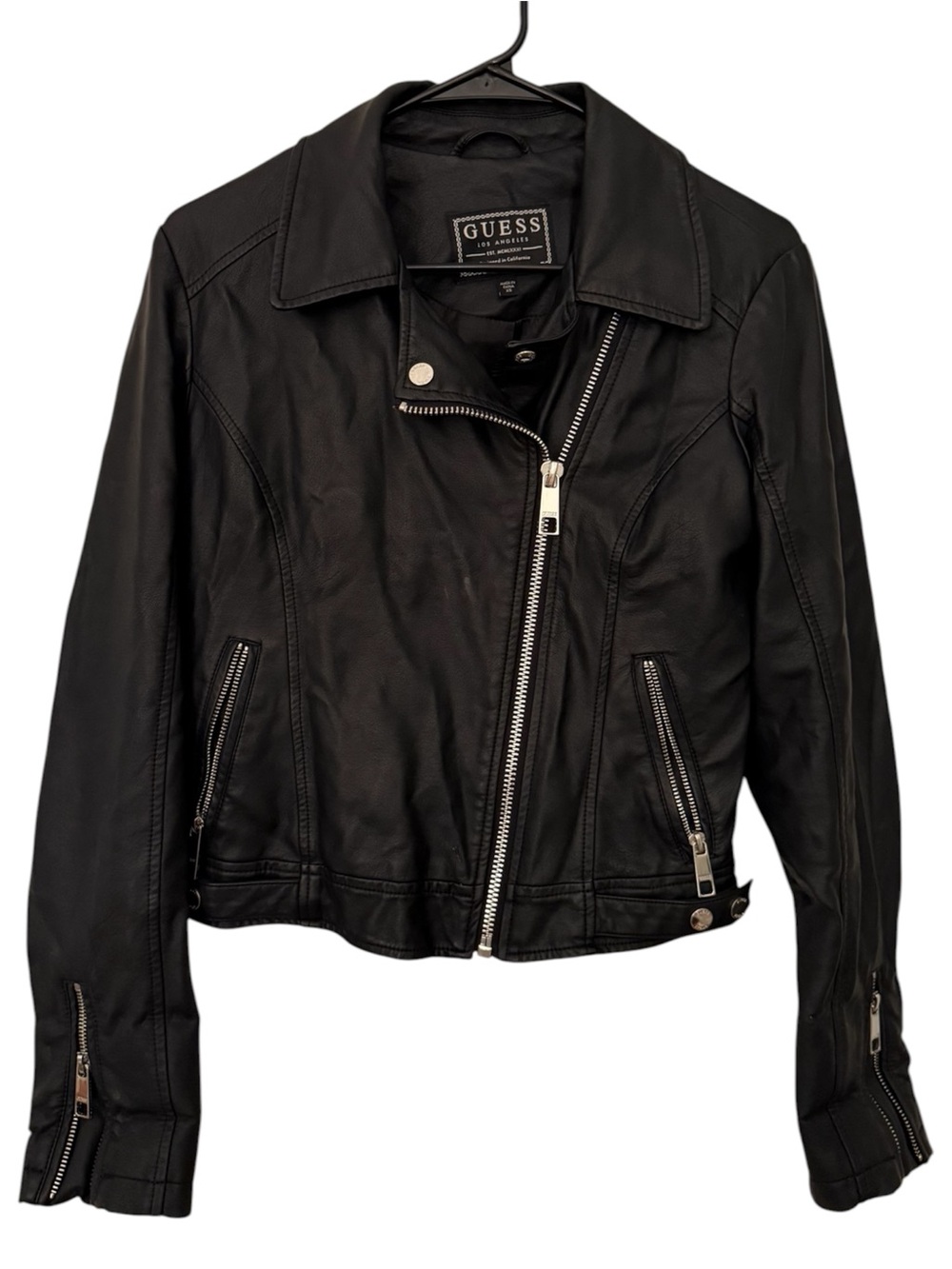 GUESS Women's Black Leather Asymmetrical Zip Moto Jacket